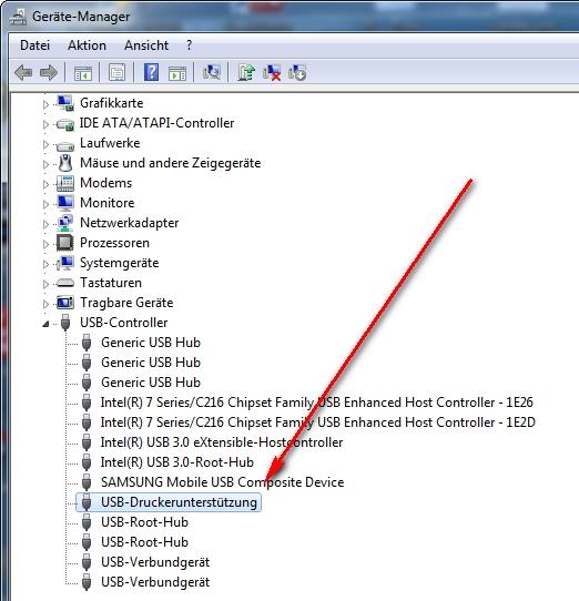 Abbildung zeigt Geräte Manager mit Drucker: verbunden per USB unter Windows 7