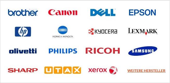 Die Abbildung zeigt die Logos verschiedener Druckerhersteller