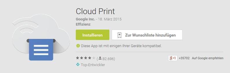 Die Abbildung zeigt die Google Cloud Print App zum installieren